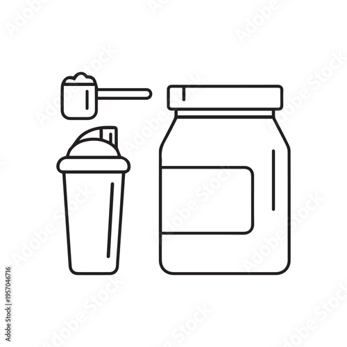 Sport nutrition supplement drink vector linear icons set. Whey protein package, scoop and shaker illustration.

