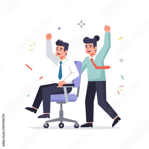 Businessmen celebrating success with chair spinning and confetti