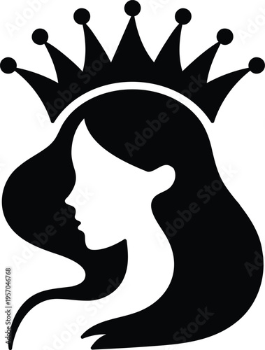 Silhouette of a womans head with long hair and a crown on transparent background