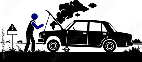silhouette of a man looking at a broken car with smoke coming from the engine on the roadside, symbolizing vehicle breakdown or accident.
