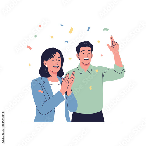 Diverse Couple Celebrating Success with Confetti and Applause