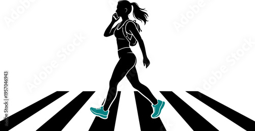silhouette of a woman in sportswear talking on a phone while walking on a zebra crossing, urban lifestyle theme.