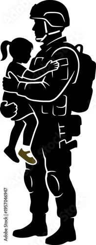Black silhouette of a soldier in full gear holding a young child, symbolizing protection, homecoming, and military family life.