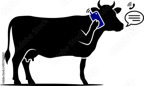 Conceptual silhouette vector illustration of a cow using a mobile phone and a speech bubble, symbolizing smart farming, rural connectivity, and agricultural technology.