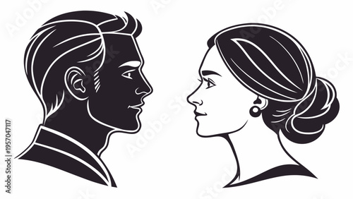 vector set, Vector illustration of silhouette man and woman portrait in profile. Male and female head on a white background side view. vector 