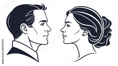 vector set, Vector illustration of silhouette man and woman portrait in profile. Male and female head on a white background side view. vector 