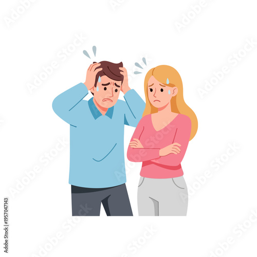 Couple stressed and confused, hand on head, worry and anxiety, isolated on white