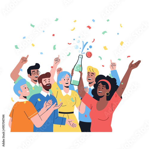 Diverse group celebrating with champagne and confetti, joyful party atmosphere