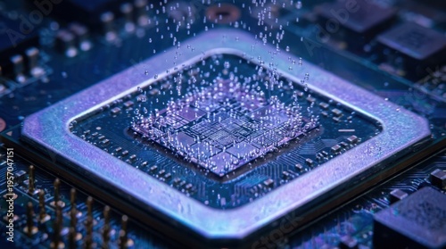 Extreme macro shot of a submerged GPU processor through a clear dielectric fluid. Tiny bubbles rising from the heated metallic surface of the chip.