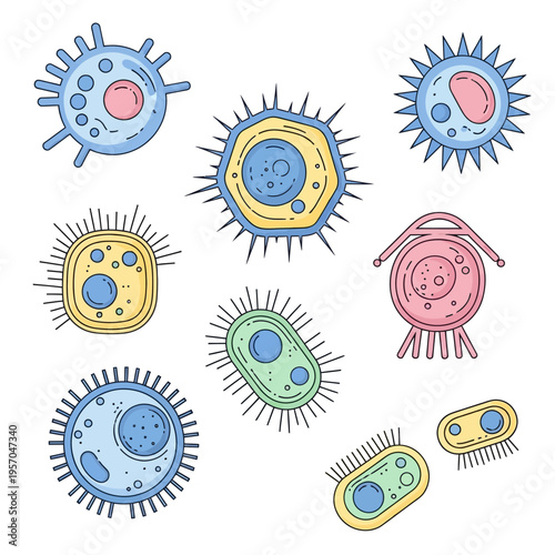 Diverse Microbe Collection: Cartoon Bacteria, Viruses, Cells Illustration