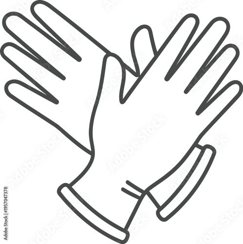 Outline drawing depicts a pair of crossed disposable medical examination gloves isolated on a white background for safety.