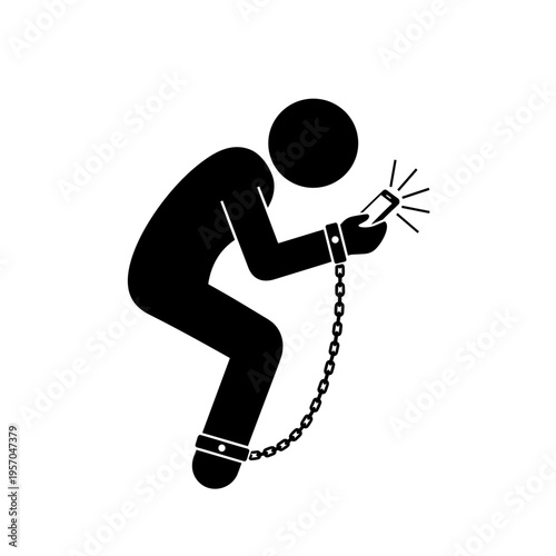 black silhouette of a person chained to a smartphone with chain digital addiction, concept marketing, mental health