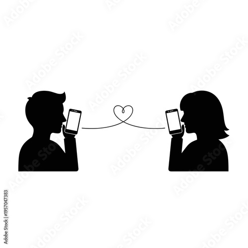 black silhouette of two figures connected by a line through smartphones online dating concept social connection digital communication marketing