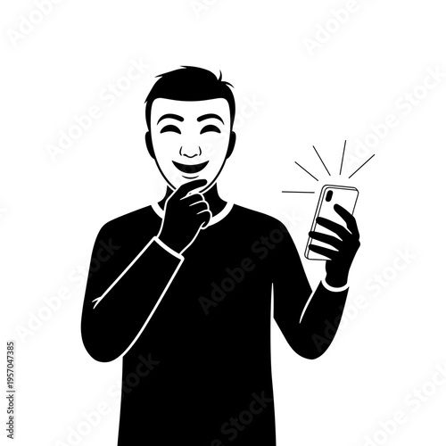 black silhouette of a person holding a smiling mask in front of face and a smartphone fake online life concept social media illusion 