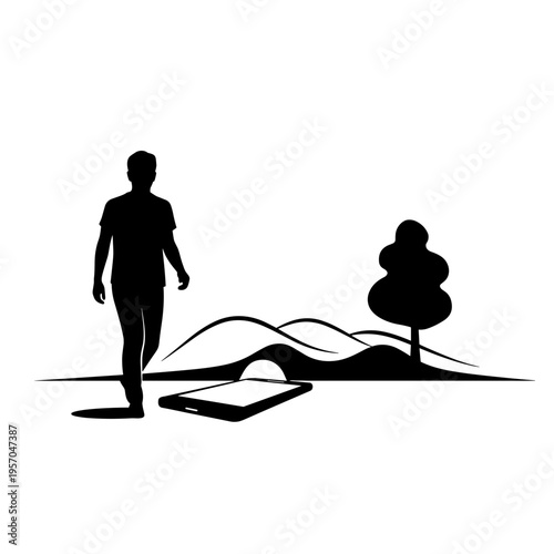 black silhouette of a person putting away a smartphone and walking towards nature digital detox concept mindfulness lifestyle