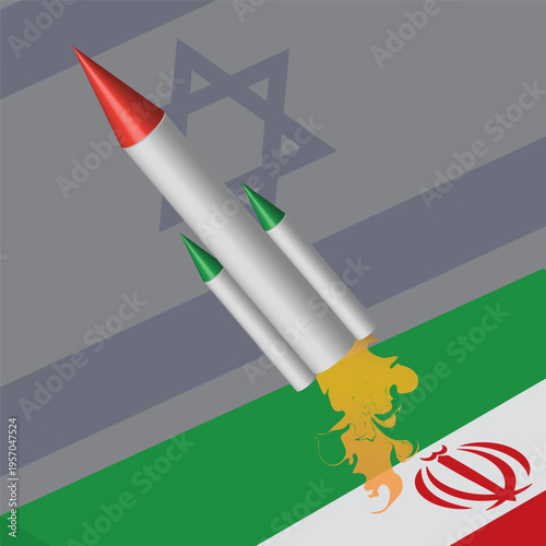 Illustration of a missile launching over a background featuring the Israeli and Iranian flags, symbolizing geopolitical tension and conflict between Israel and Iran in the Middle East.