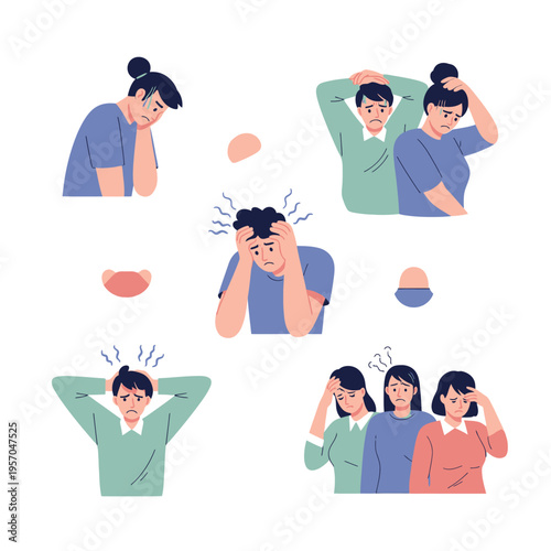 Diverse people experiencing stress, anxiety, and emotional pain in flat illustration style