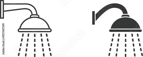 Two distinct styles of shower heads, one outlined and one filled, both dispensing lines representing falling water.