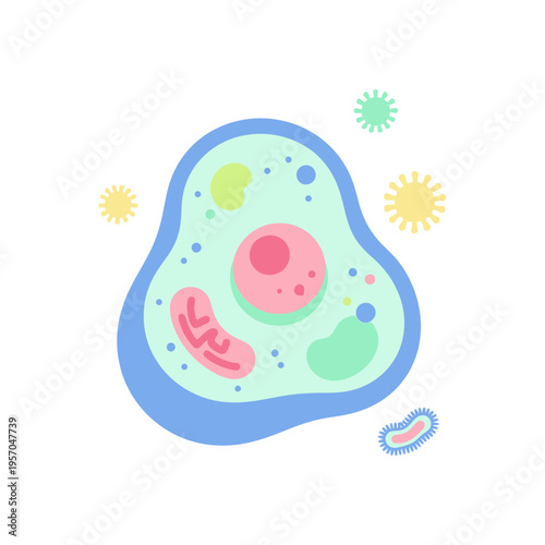 Microscopic Cell Biology: Abstract Illustration of Animal Cell with Organelles and Microbes