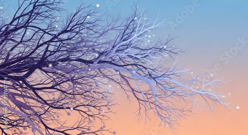 A tree branch with snowflakes on a colorful background