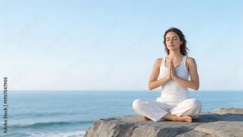Naklejka premium Woman meditating by the sea