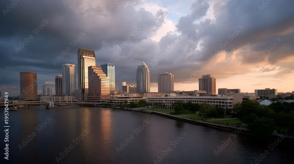 Obraz premium Dramatic city skyline at dusk with moody clouds illuminated by golden sunset light reflected in the waterfront