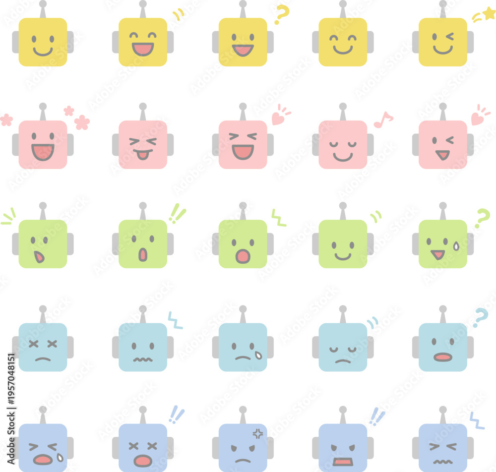Obraz premium カラフルなロボットの表情アイコンセット / vector eps