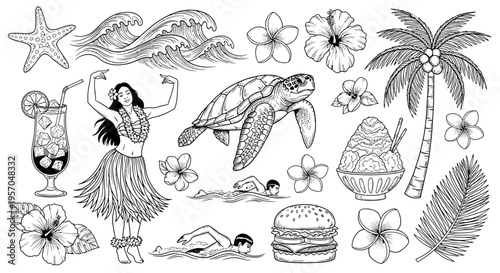 Hawaiian vacation doodle set featuring hula dancer, sea turtle, and tropical elements on white background