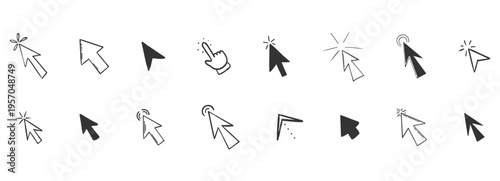 Arrow click icon. Mouse cursor arrow doodle hand drawn sketch icon set, pointer press here tap button. Scribble action type ui interface design element 