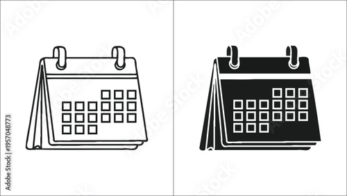 A dual style illustration of a desk calendar showing both an outline and a solid black silhouette Vector