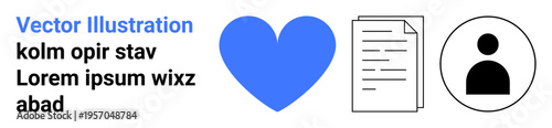 Personal connections, identity verification, data management, user profiles, documentation, social interaction. Blue heart, paper icon user profile symbol. Personal connections and identity