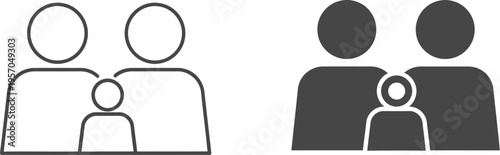 Simple line and solid icons depict a two-parent family unit with one small child for relationship concepts.