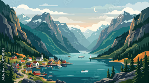 A picturesque illustration of a serene village nestled by a calm bay, with majestic mountains and lush forests under a sky with a crescent moon.
