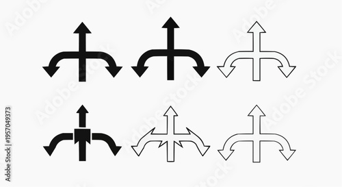 Three-way direction arrow icon set, fork path road sign symbols