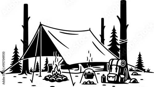 Camping, outdoor adventure, wilderness vector, black and white illustration, tent, campfire, forest