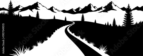 Black silhouette mountain road landscape, scenic vector illustration, countryside scenery, roadside trees