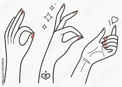 Female hands line. Outline elegant woman hand gestures. Beautiful palm and fingers icons in one line fashion minimalist style, vector set. Illustration hand collection woman, pretty elegant lady arm .