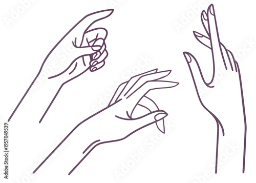 Female hands line. Outline elegant woman hand gestures. Beautiful palm and fingers icons in one line fashion minimalist style, vector set. Illustration hand collection woman, pretty elegant lady arm .
