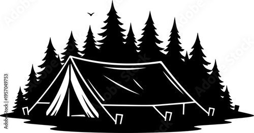 Camping tent, outdoor adventure, black silhouette, vector illustration, forest landscape