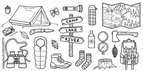 Camping and outdoor gear doodle outline collection. Tent, map, sign, binocular, compass, backpack hand drawn vector illustrations set.