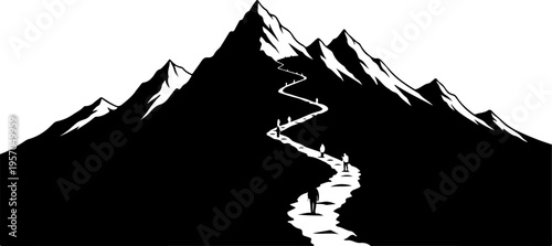 Black mountain range silhouette, snow-capped peaks, winding river, landscape vector icon