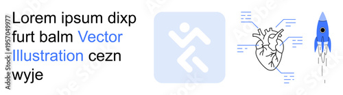 Fitness, heart health, technology, creativity, exploration, medical concepts. A heart diagram, running icon and rocket art. Fitness and heart health concepts intertwined with technology