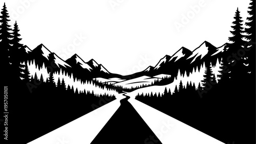 Mountain road, scenic landscape, black silhouette, vector illustration, travel background