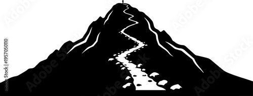 Black mountain icon, silhouette peak, white trail, vector landscape
