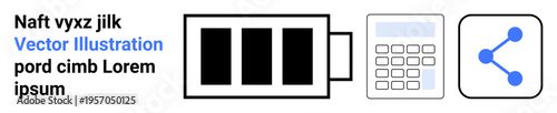 Energy management, digital tools, connectivity, technology, office work, and sharing concepts. Black battery, numeric keypad and blue share icon. Energy management and digital tools concepts