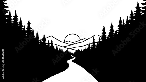 Black forest landscape silhouette, road to mountains, sunset vector icon, wilderness scenery
