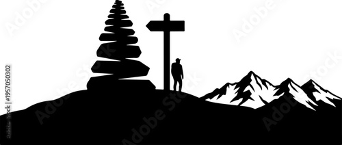 Black silhouette, mountain landscape, adventure icon, travel symbol