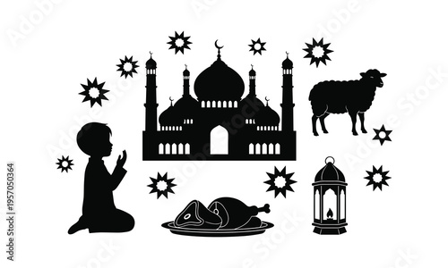 Eid al adha silhouette elements mosque child praying sheep lantern meat stars
