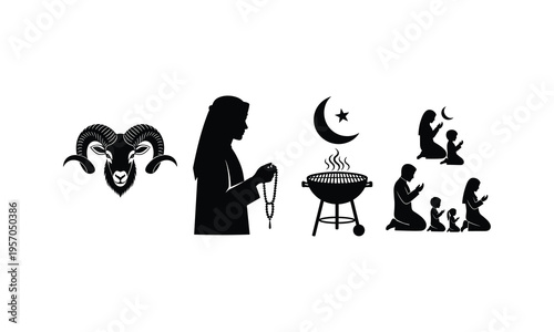 Eid al adha icons set with ram silhouette and people praying in vector black illustration