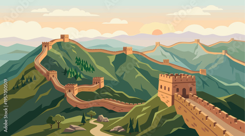 An artistic, flat vector illustration of the Great Wall of China winding over green, rolling hills during a soft sunset, creating a peaceful and majestic scene.
